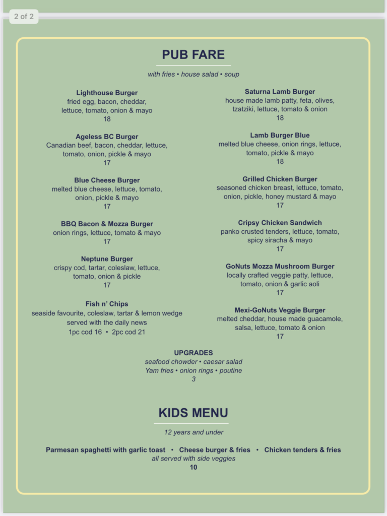Pub fare Menu